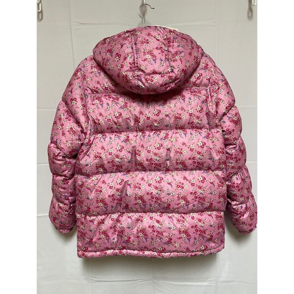 Lands End Women Pink Floral Puffer Jacket Hooded Down Fill Size L 14-16 - Picture 2 of 8